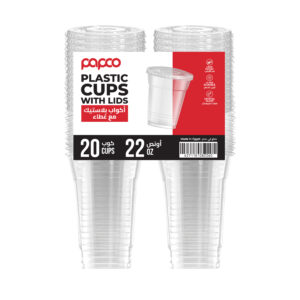 Papco Clear 22 Oz Plastic Cups - 20 Cups+ Lids
