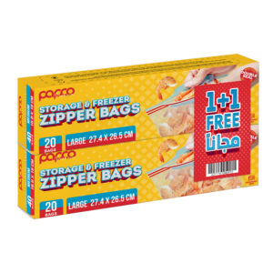 Papco Premium Storage and Freezer Large Zipper Bags Easy Grip 27.4 x 26.5 Cm 20 Bags 1+1 Free