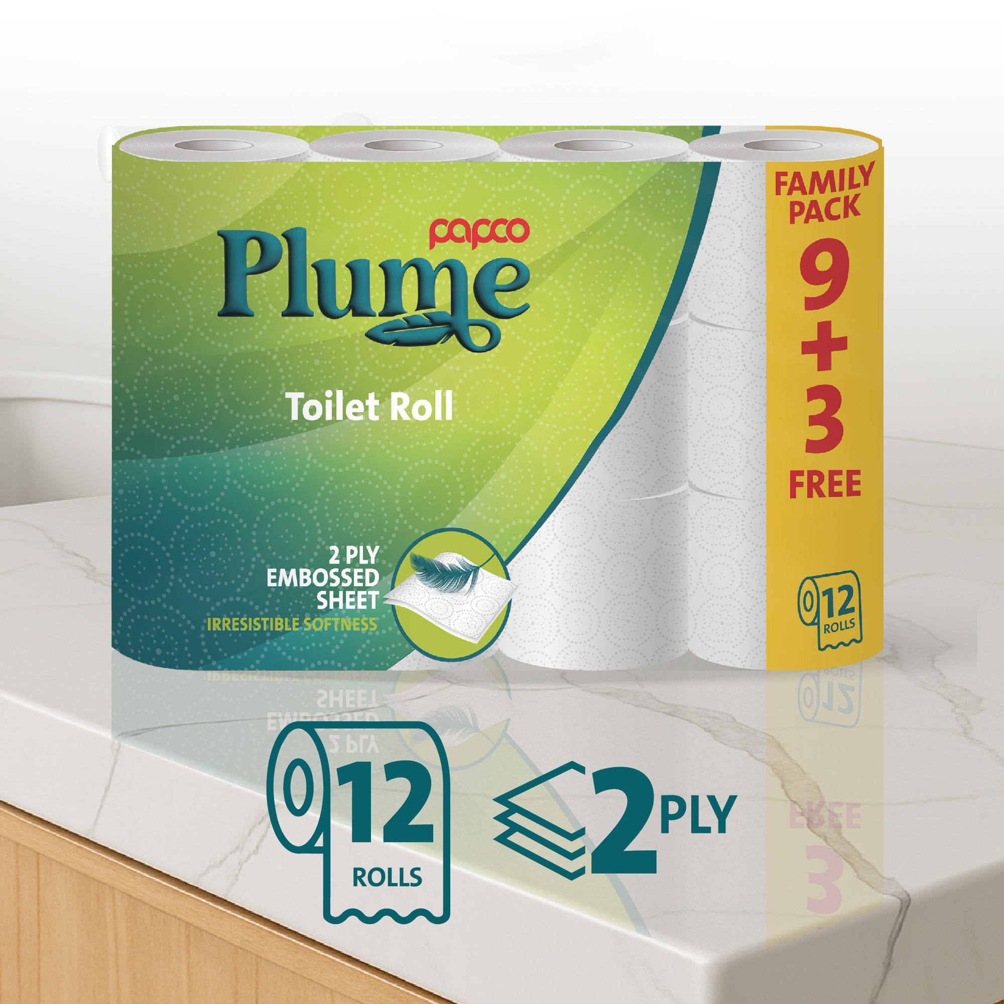 Papco Plume Toilet Roll 200 Sheets 2 Ply 9+3 Free - Image 2